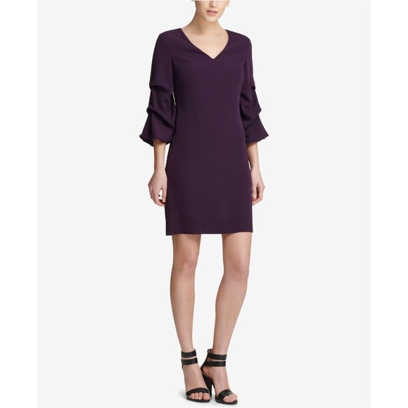 DKNY Aubergine Purple V-Neck Ruched 3/4 Sleeve Shift Dress sz 12 NEW NWT Women's - Picture 9 of 9